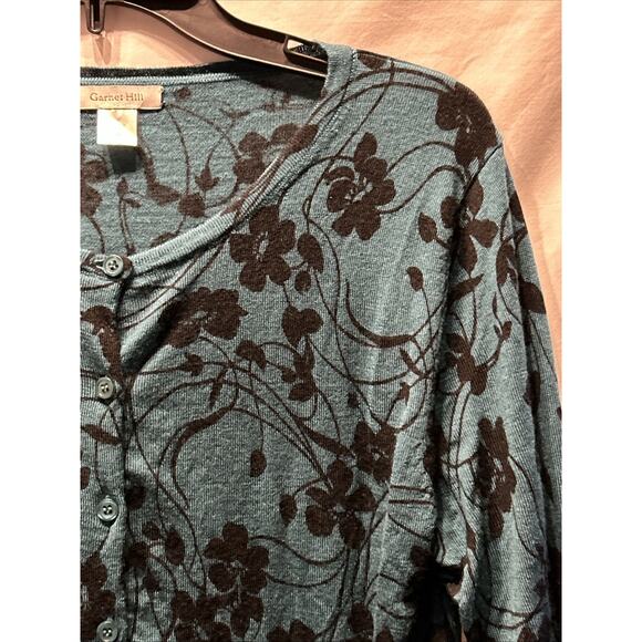 Garnet Hill Merino Wool Cardigan Sweater Women’s Medium Teal Floral Fairy Light - Picture 3 of 13